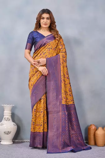 Mustard blue silk blend banarasi saree with unstitched blouse piece