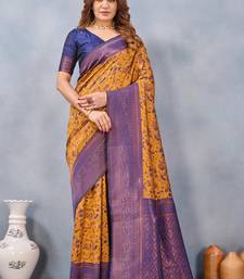 Mustard blue silk blend banarasi saree with unstitched blouse piece