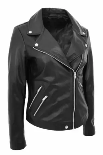 women's black premium lambskin leather jacket asymmetrical zip closure signature