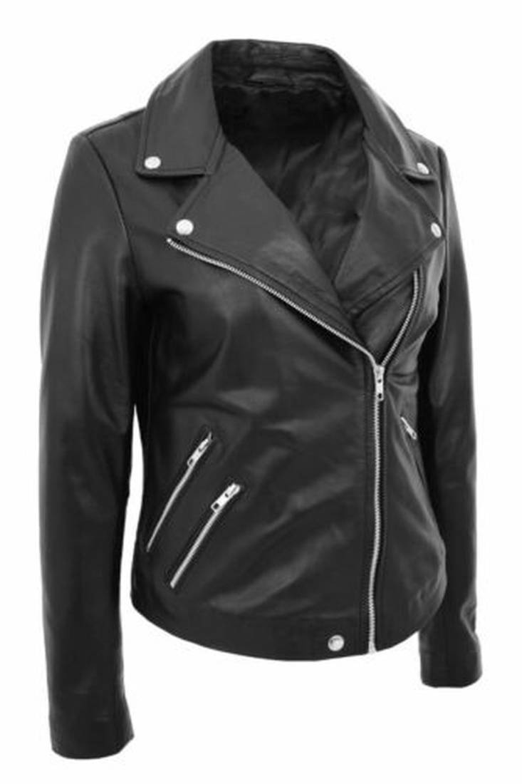 Women’s black lambskin leather jacket -asymmetrical zipper detail stylish look