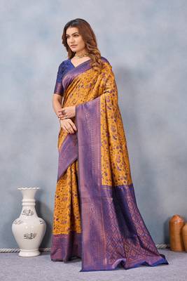 Mustard blue silk blend banarasi saree with unstitched blouse piece 4