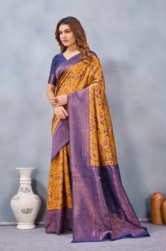 Mustard blue silk blend banarasi saree with unstitched blouse piece