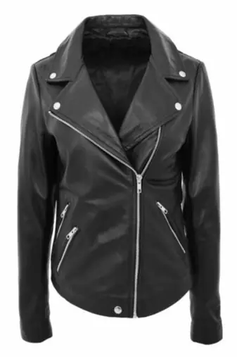 women's black premium lambskin leather jacket asymmetrical zip closure signature