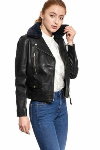 women's black premium lambskin leather jacket asymmetrical zip closure unique