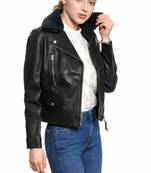 Women’s black lambskin leather jacket -asymmetrical zipper& button  detail stylish look