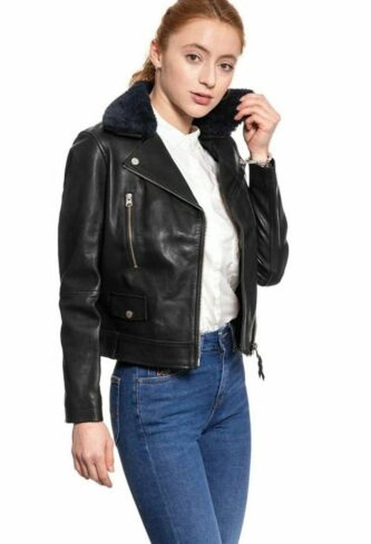 Women’s black lambskin leather jacket -asymmetrical zipper& button  detail stylish look