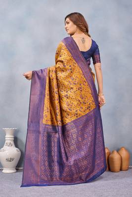 Mustard blue silk blend banarasi saree with unstitched blouse piece 5
