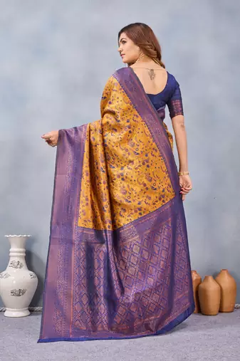 Mustard blue silk blend banarasi saree with unstitched blouse piece