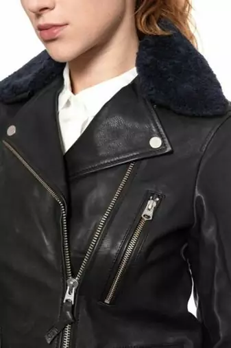 women's black premium lambskin leather jacket asymmetrical zip closure unique
