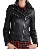 Women’s black lambskin leather jacket -asymmetrical zipper& button  detail stylish look