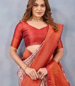 Orange silk blend banarasi saree with unstitched blouse piece