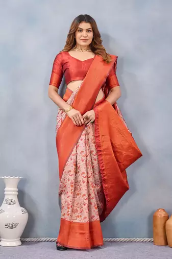 Orange silk blend banarasi saree with unstitched blouse piece