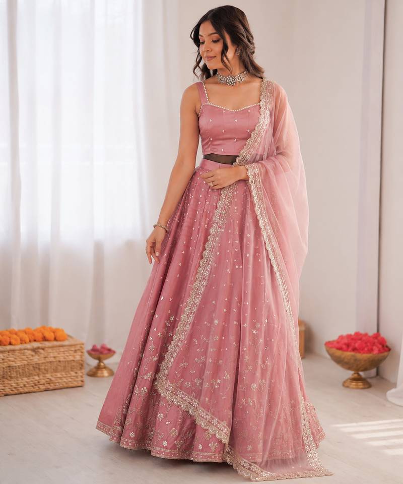 onion pink jatan silk coding sequin lehenga choli set