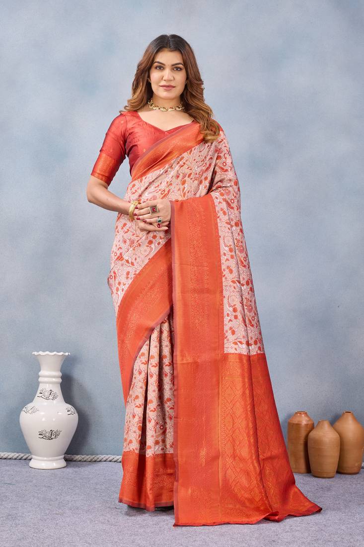 Orange silk blend banarasi saree with unstitched blouse piece