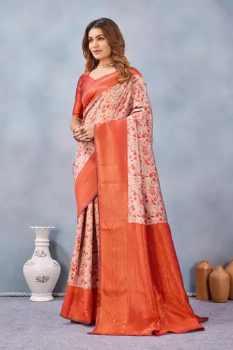 Orange silk blend banarasi saree with unstitched blouse piece