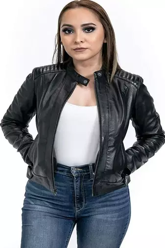 women's black premium lambskin leather jacket quilted shoulder detailing exclusive