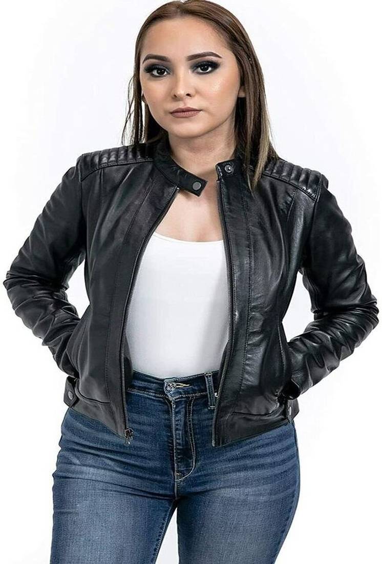 women's black premium lambskin leather jacket quilted shoulder detailing exclusive