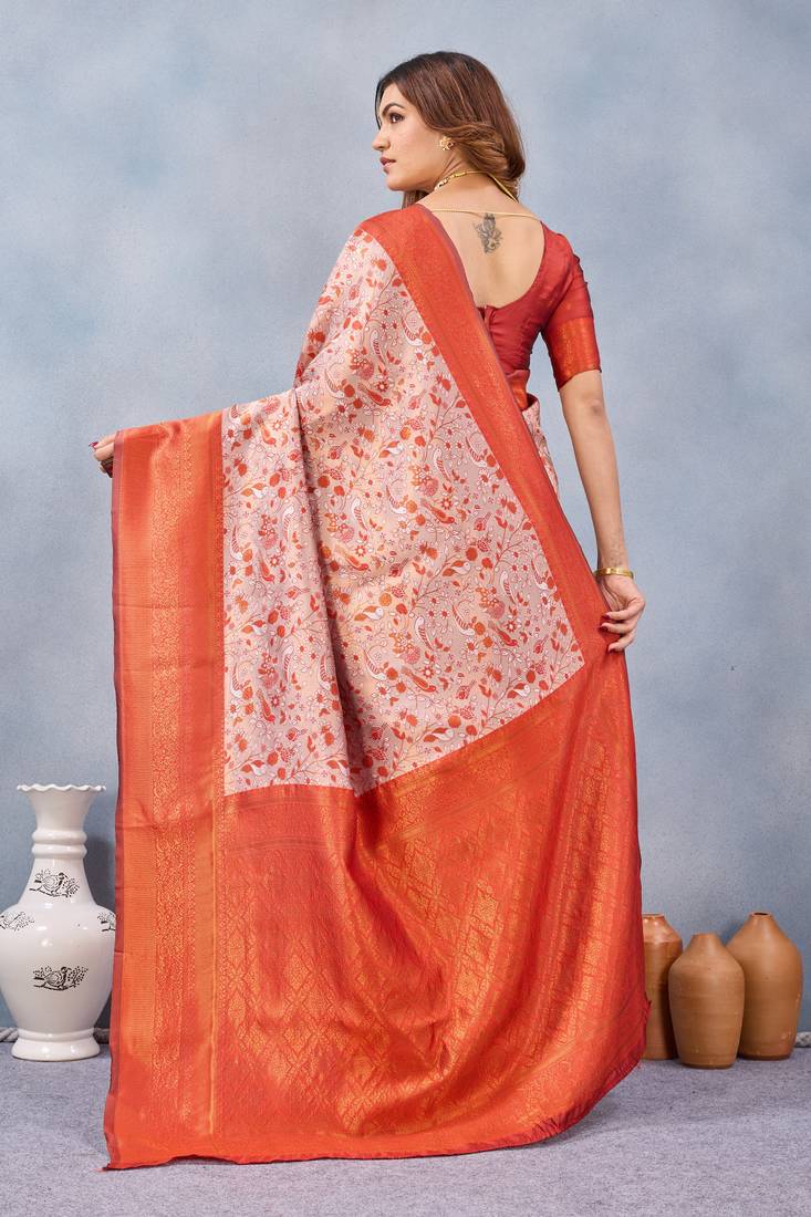 Orange silk blend banarasi saree with unstitched blouse piece