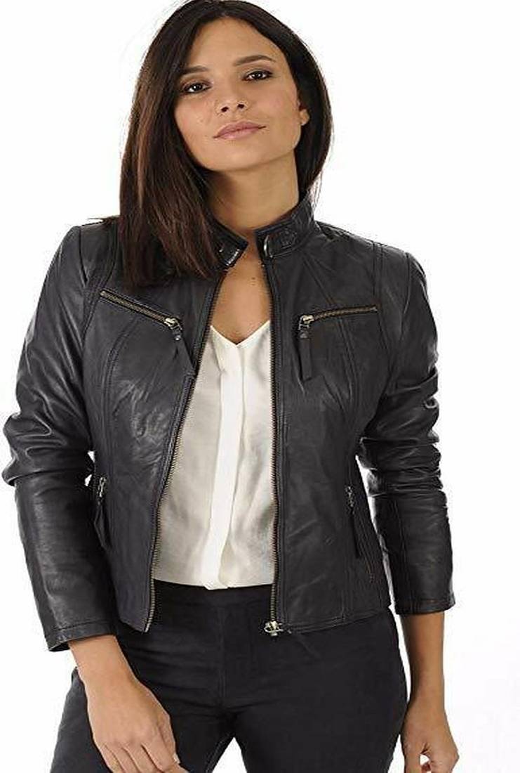 women's black lambskin leather jacket classic zip up style premium refined