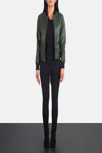Women’s olive green lambskin leather jacket -ribb cuff  & waist ribb look