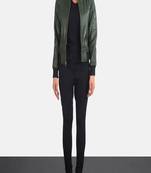 Women's olive green lambskin leather jacket -ribb cuff  & waist ribb look