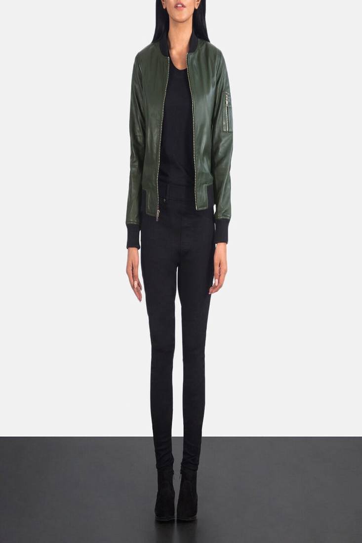 Women's olive green lambskin leather jacket -ribb cuff  & waist ribb look