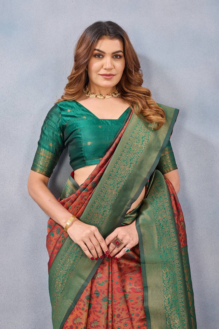 Orange green soft silk blend banarasi jacuard work designer party wear saree with unstitched blouse piece