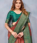 Orange green silk blend banarasi saree with unstitched blouse piece
