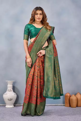 Orange green silk blend banarasi saree with unstitched blouse piece