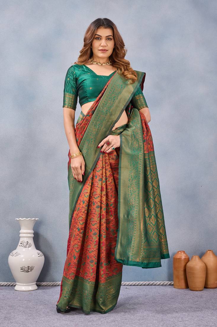 Orange green silk blend banarasi saree with unstitched blouse piece