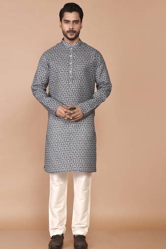Men's floral printed cotton straight kurta