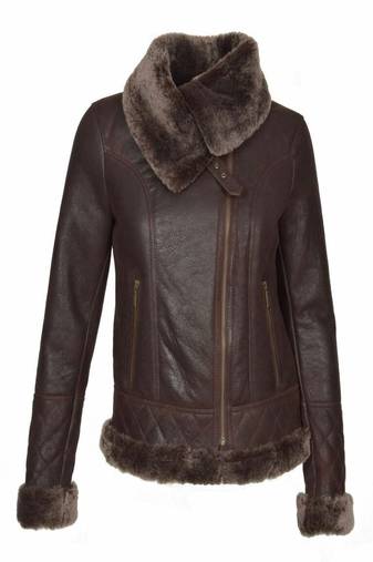 Women’s brown lambskin leather jacket -straight zipp & feather coller stylish look