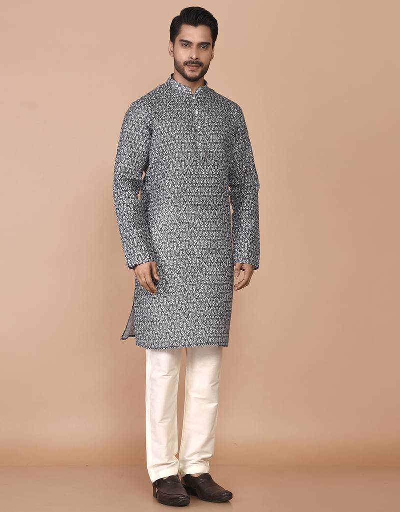 Men's floral printed cotton straight kurta