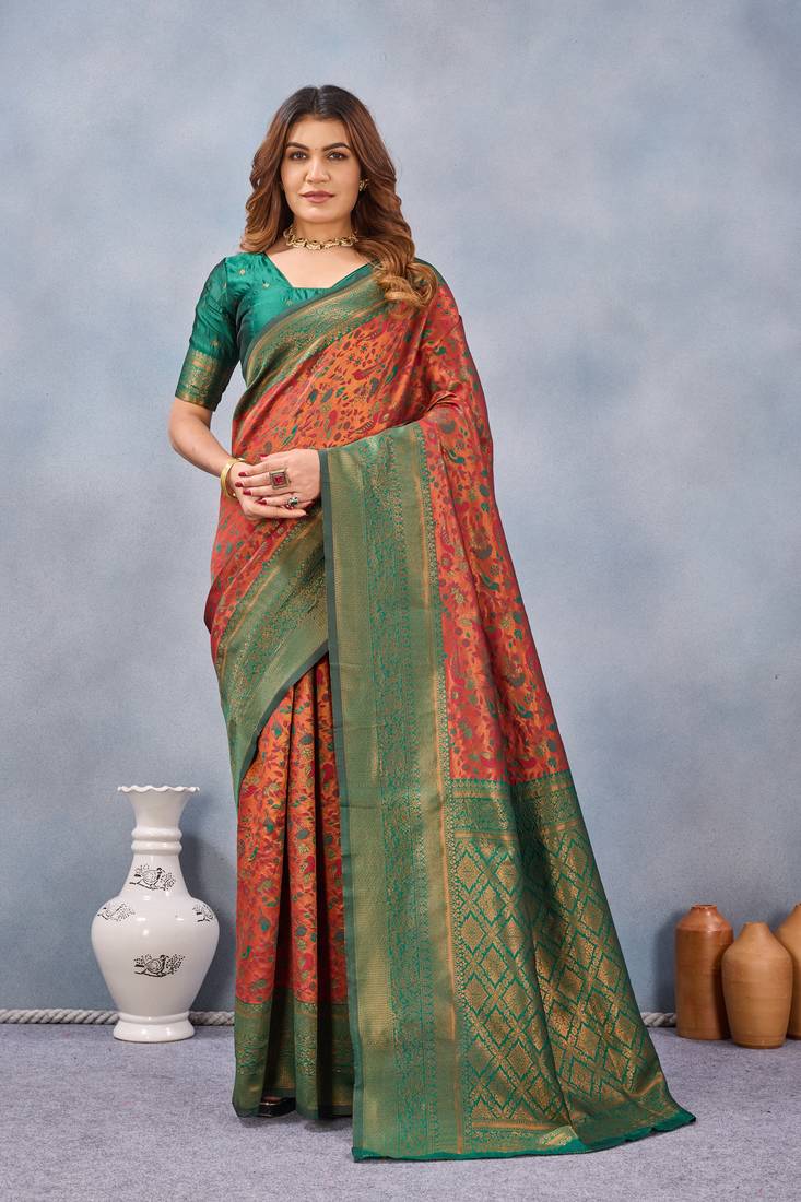 Orange green silk blend banarasi saree with unstitched blouse piece