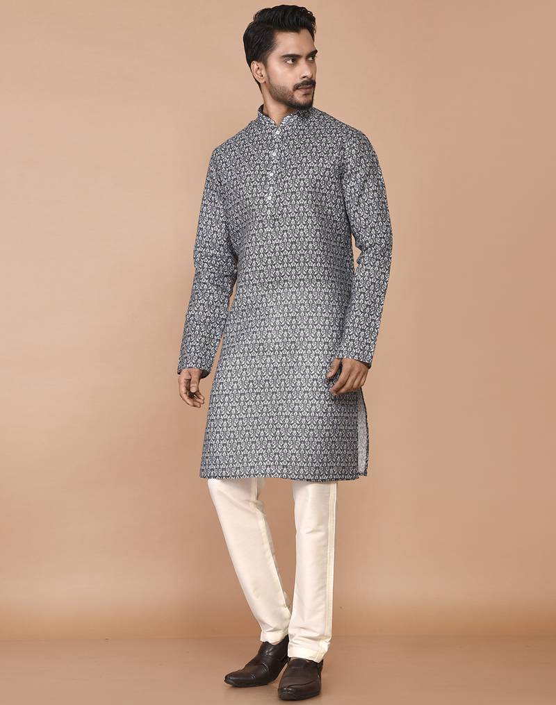 Men's floral printed cotton straight kurta
