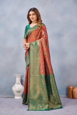 Orange green silk blend banarasi saree with unstitched blouse piece 4