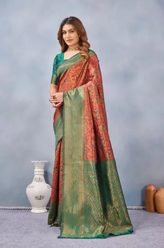Orange green silk blend banarasi saree with unstitched blouse piece