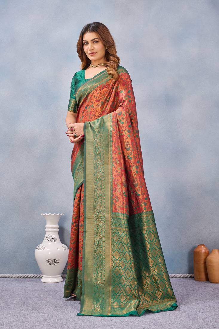 Orange green silk blend banarasi saree with unstitched blouse piece