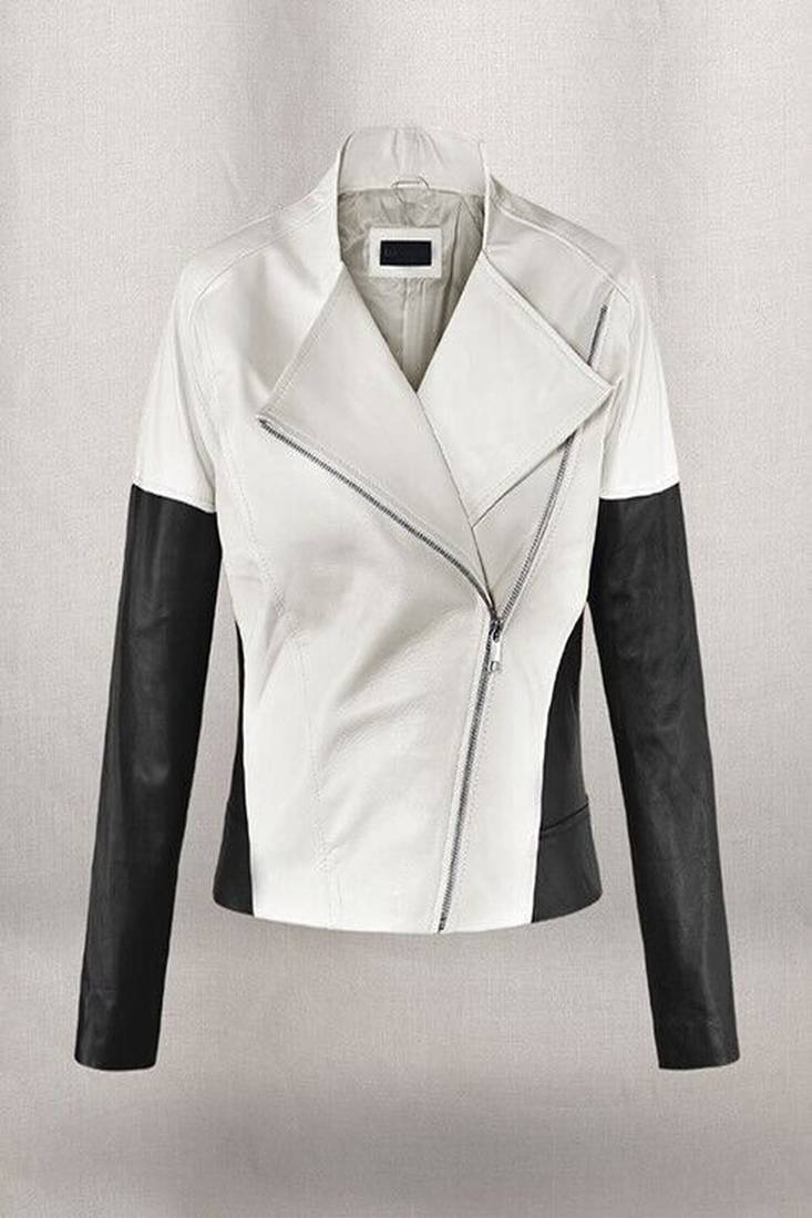 Women’s white & black hands lambskin leather jacket -straight zipp tylish look