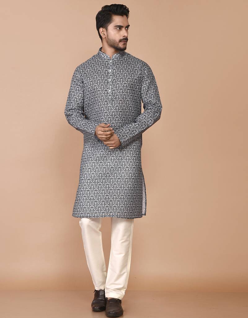 Men's floral printed cotton straight kurta