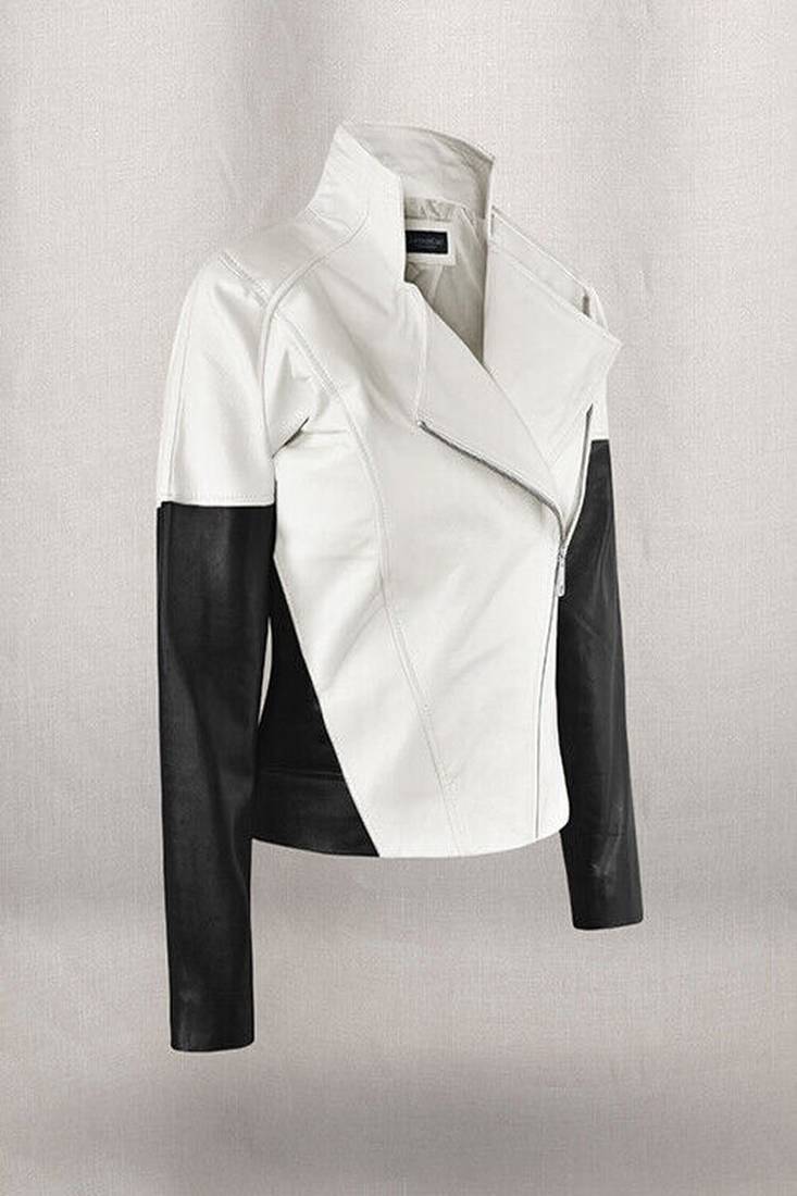 Women’s white & black hands lambskin leather jacket -straight zipp tylish look