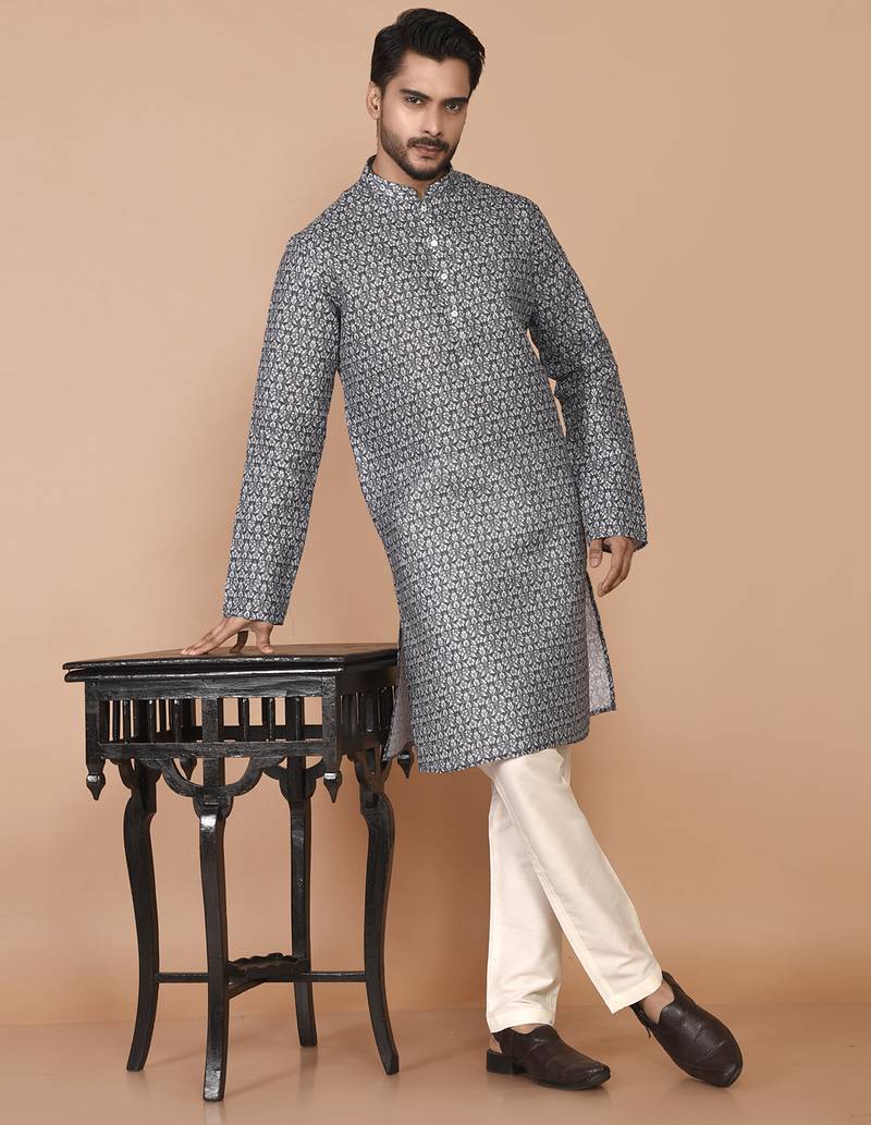 Men's floral printed cotton straight kurta