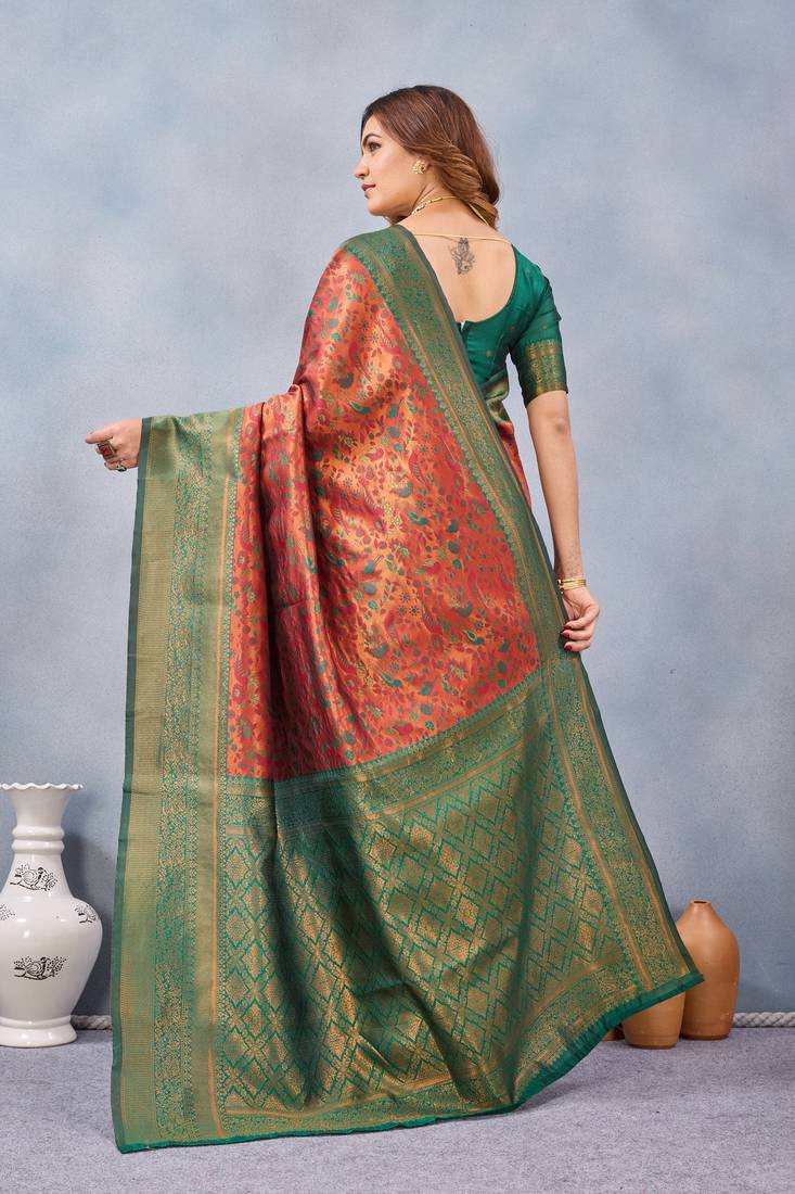 Orange green silk blend banarasi saree with unstitched blouse piece