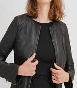 women's black lambskin leather biker jacket classic moto zip style genuine elegant