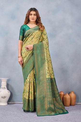 Parrot green soft silk blend banarasi jacuard work designer party wear saree with unstitched blouse piece