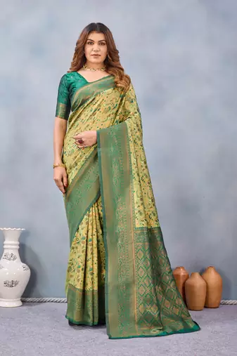 Parrot green silk blend banarasi saree with unstitched blouse piece