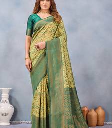 Parrot green silk blend banarasi saree with unstitched blouse piece