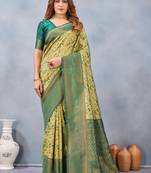 Parrot green silk blend banarasi saree with unstitched blouse piece
