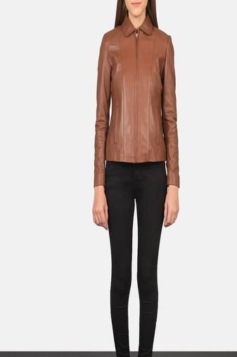 women's brown lambskin leather biker jacket classic moto zip style premium genuine