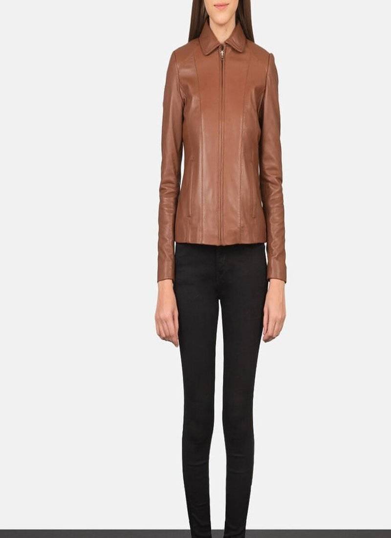 women's brown lambskin leather biker jacket classic moto zip style premium genuine